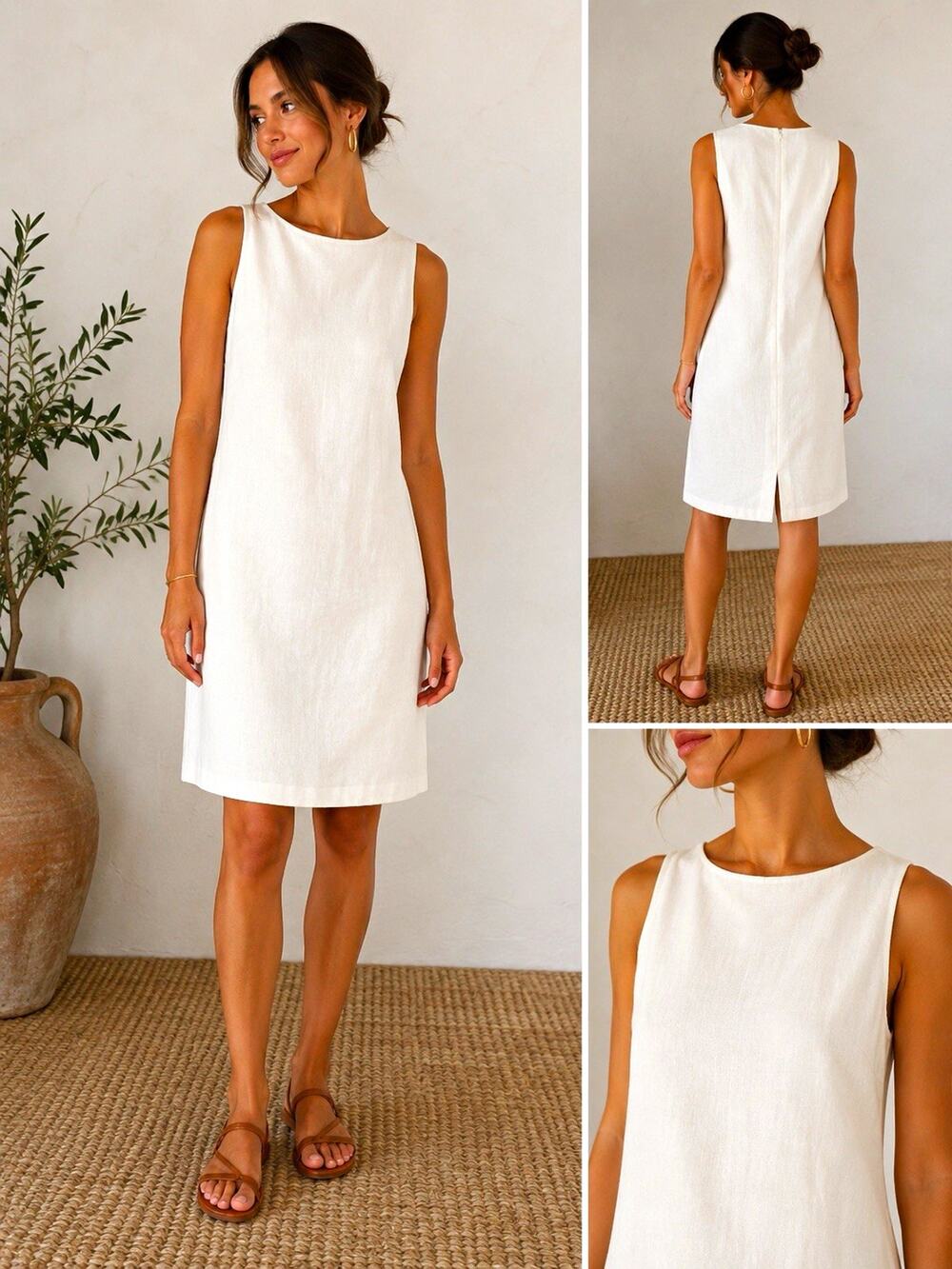 Zara Basic White Linen Shift Dress Round Neck Sleeveless Lined Woven Zip M